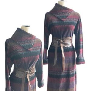 Vintage 80s Western Striped Prairie Corduroy Midi Funnel Neck Dress